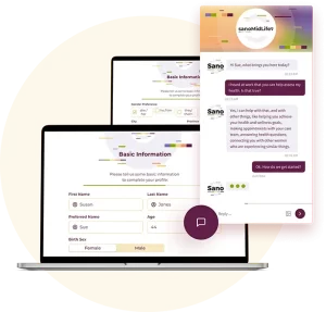 A mockup of the sanoMidLife platform and Sano virtual AI assistant with a background image